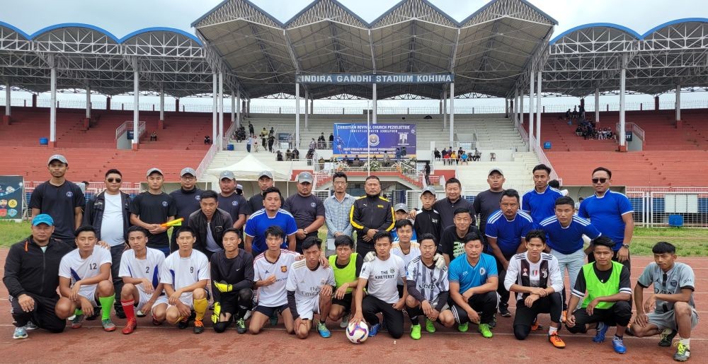 Roko Angami and others with the players during the inaugural match played at IG stadium Kohima on August 12. (Morung Photo)